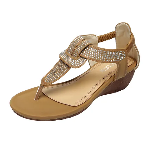 Women Bohemian Rhinestone Wedge Sandals Sparkly T-Strap Flip-Flops With Elastic Back Strap Summer Casual Beach Shoes