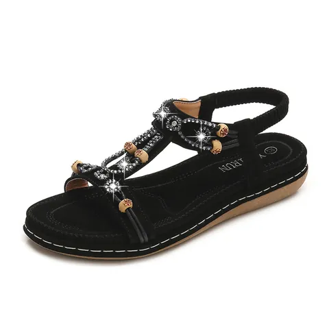 Women's Bohemian Rhinestone Beaded Flat Sandals Split Leather T-Strap Beach Sandals Lightweight Non-Slip Casual Summer Shoes