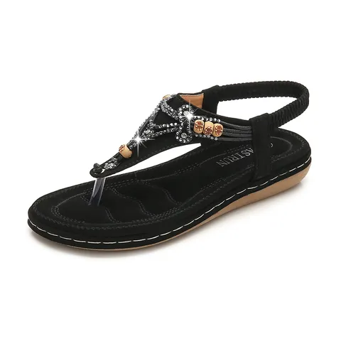 Bohemian Women Flat Sandals T-Strap Flip Flops With Rhinestones Beads Split Leather Elastic Back Strap Summer Beach Shoes