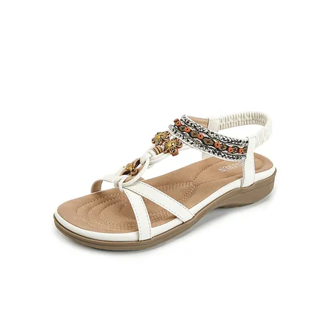Women Bohemian Flat Sandals T-Strap Thong Sandals Beads Metal Flower Decor Elastic Back Strap Summer Beach Shoes PU Leather