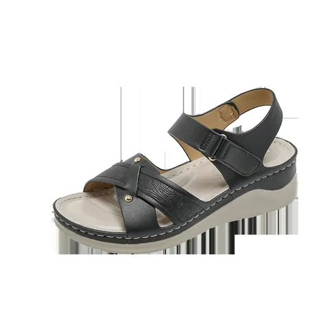 Women Casual Microfiber Wedge Sandals With Rivets Cross Strap Velcro Closure Comfortable Thick Sole Non-Slip Summer Shoes