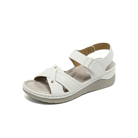 Women Casual Microfiber Wedge Sandals With Rivets Cross Strap Velcro Closure Comfortable Thick Sole Non-Slip Summer Shoes