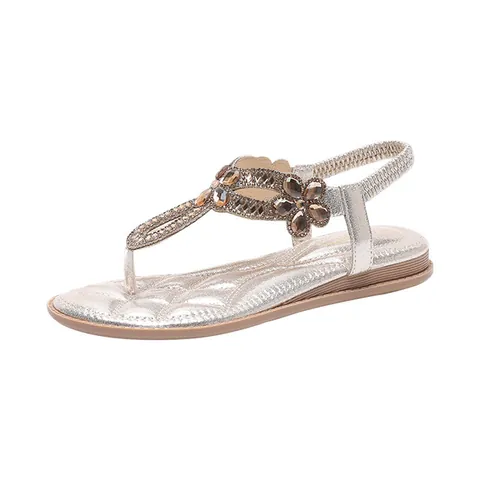 Women's Bohemian Flat Sandals Rhinestone Flower T-Strap Thong Shoes Casual Summer Beach Sandals With Elastic Back Strap
