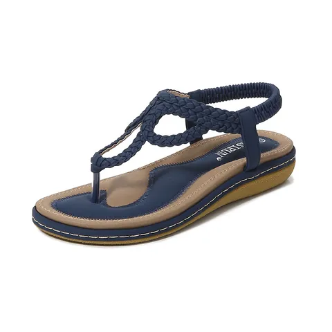 Women's Casual Flat Thong Sandals Bohemian Woven T-Strap Flip Flops With Elastic Back Strap Comfortable PU Beach Sandals
