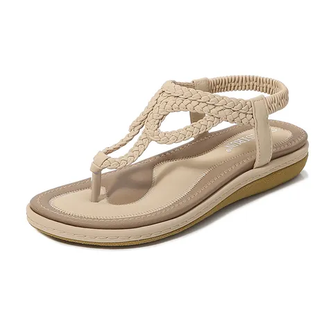Women's Casual Flat Thong Sandals Bohemian Woven T-Strap Flip Flops With Elastic Back Strap Comfortable PU Beach Sandals