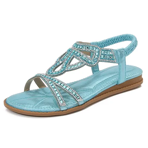 Women's Bohemian Rhinestone Flat Sandals PU Leather Hollow Cutout Comfort Summer Casual Beach Elastic Back Strap Fashion Shoes