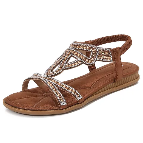 Women's Bohemian Rhinestone Flat Sandals PU Leather Hollow Cutout Comfort Summer Casual Beach Elastic Back Strap Fashion Shoes