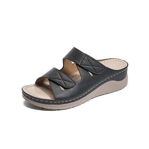 Women Comfort Wedge Sandals Synthetic Leather Adjustable Velcro Straps Cross Stitching Breathable Platform Summer Slide Shoes Non-Slip Footwear