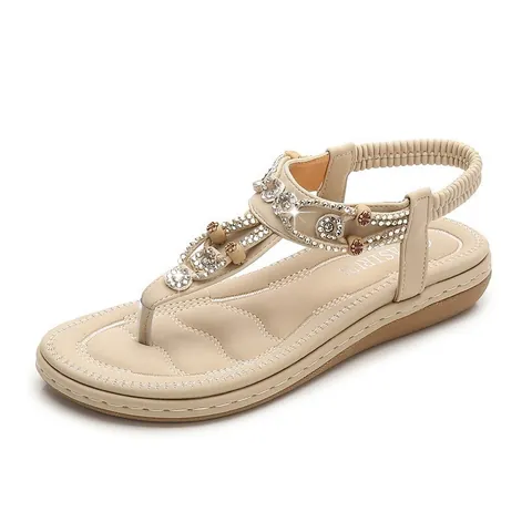 Women Bohemian Flat Sandals Rhinestone Beaded T-Strap Flip Flops Elastic Back Strap Summer Casual Beach Walking Sandals