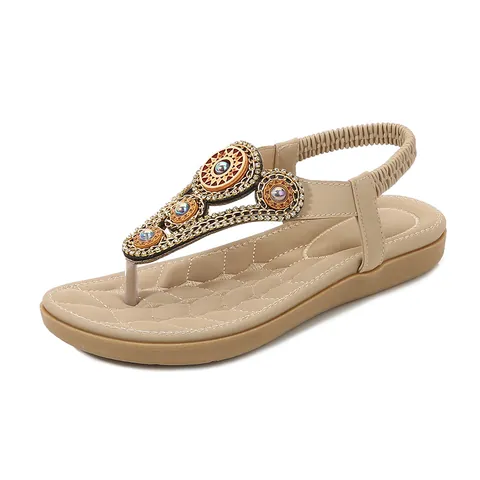 Women Bohemian Flat T-Strap Sandals Rhinestone Beaded Ethnic Thong Beach Shoes Elastic Back Strap Comfortable PU Sandals