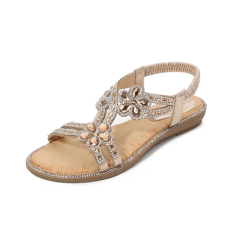 Women Bohemian Flat Sandals Rhinestone Flower Hollow Out Summer Beach Shoes Elastic Back Strap Comfortable Casual Sandals