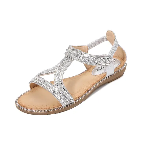 Women Bohemian Rhinestone Flat Sandals T-Strap Elastic Back Strap Summer Beach Casual PU Leather Dress Shoes Sandals