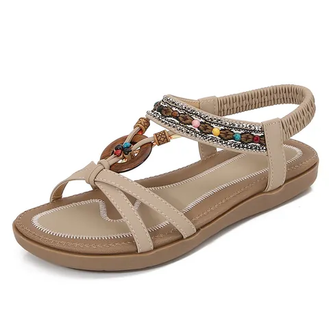 Women Bohemian Flat Sandals Ethnic Beaded Wood Ring Decor Elastic Back Strap PU Leather Casual Beach Summer Shoes