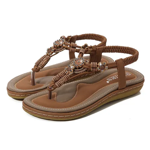 Bohemian Women Flat Sandals Ethnic Beaded Rhinestone Flower T-Strap Shoes Elastic Back Strap Summer Beach Holiday Sandals
