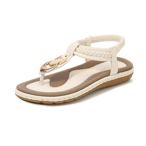 Women Flat T-Strap Sandals With Metallic Buckle Braided Strap Elastic Back Strap Casual Bohemian Flip Flop Beach Shoes
