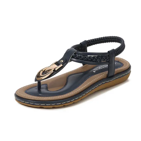 Women Flat T-Strap Sandals With Metallic Buckle Braided Strap Elastic Back Strap Casual Bohemian Flip Flop Beach Shoes