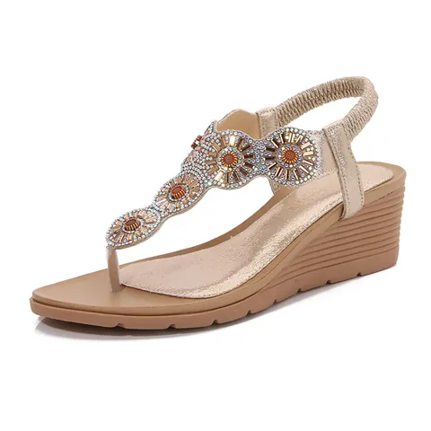 Sandalias de Cuña para Mujer Bohemio Strass Correa en T Estilo Romano Cuero PU Zapatos de Playa Verano Oro Plata Bronce