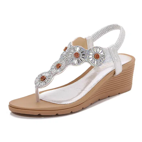 Sandalias de Cuña para Mujer Bohemio Strass Correa en T Estilo Romano Cuero PU Zapatos de Playa Verano Oro Plata Bronce
