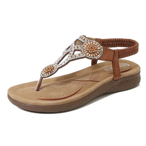 Bohemian Women Rhinestone Flower T-Strap Sandals Wedge Elastic Back Casual Vacation Beach Ladies Fashion Summer Shoes