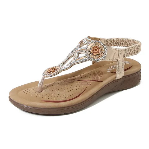 Bohemian Women Rhinestone Flower T-Strap Sandals Wedge Elastic Back Casual Vacation Beach Ladies Fashion Summer Shoes