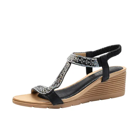 Women's Rhinestone Flower Wedge Sandals Comfortable Microfiber Non-slip Roman Style Platform Summer Beach Dress Shoes