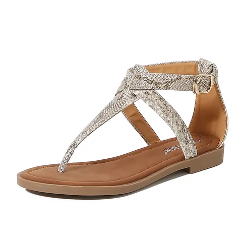 Women's Roman Snake Print PU Leather T-Strap Flat Sandals With Adjustable Buckle Bohemian Summer Casual Thong Sandals