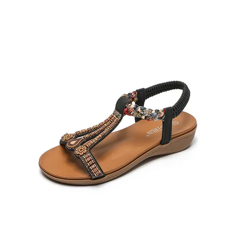 Bohemian Beaded Women Sandals T-Strap Rhinestone Ethnic Flat Wedge Sandals With Elastic Back Summer Beach Vacation Shoes