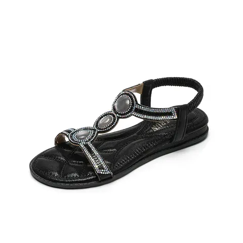 Women's Bohemian Flat Sandals Rhinestone Gemstone T-Strap Summer Beach Shoes Comfortable PU Leather Elastic Back Strap Sandals