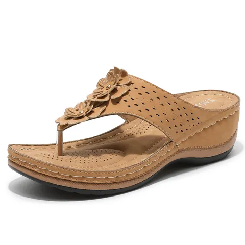 Women's Bohemian Wedge Flip Flop Sandals PU Leather 3D Flower Hollow Decoration Summer Beach Vacation Casual Comfort Sandals