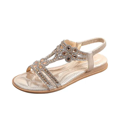 Sandales Plates en Strass pour Femmes Style Bohémien Floral Bride Arrière Élastique Confortables Chaussures de Plage Été Casual