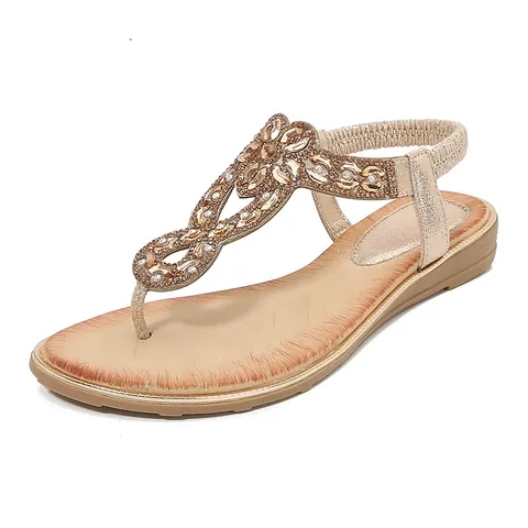 Sandales Bohèmes pour Femmes avec Strass en Cuir PU T-Strap Flip Flops Plates Chaussures de Plage Décontractées d'été avec Bride Élastique