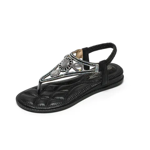 Women's Bohemian Rhinestone T-Strap Flat Sandals Summer Beach PU Leather Comfort Shoes With Elastic Back Strap Plus Size