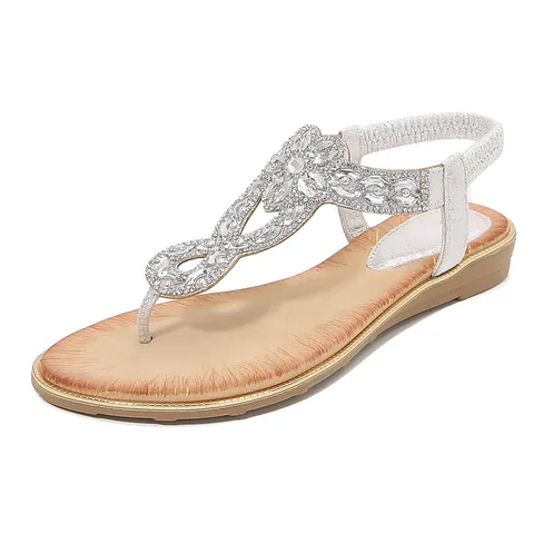 Sandales Bohèmes pour Femmes avec Strass en Cuir PU T-Strap Flip Flops Plates Chaussures de Plage Décontractées d'été avec Bride Élastique