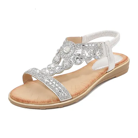 Sandales Plates Bohème en PU pour Femmes avec Strass et Motifs Ajourés Chaussures de Plage Confortables Été avec Bride Élastique
