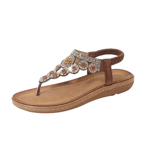 Women's Bohemian Flat Sandals Rhinestone Beaded Floral Roman Shoes Elastic Back Strap Comfort Summer Beach Thong Sandals