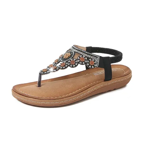 Women's Bohemian Flat Sandals Rhinestone Beaded Floral Roman Shoes Elastic Back Strap Comfort Summer Beach Thong Sandals