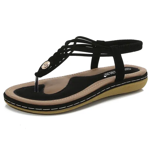 Bohemian Women Braided Flat Sandals T-Strap Rhinestone Summer Beach Shoes Elastic Back Strap Roman Style Casual Footwear