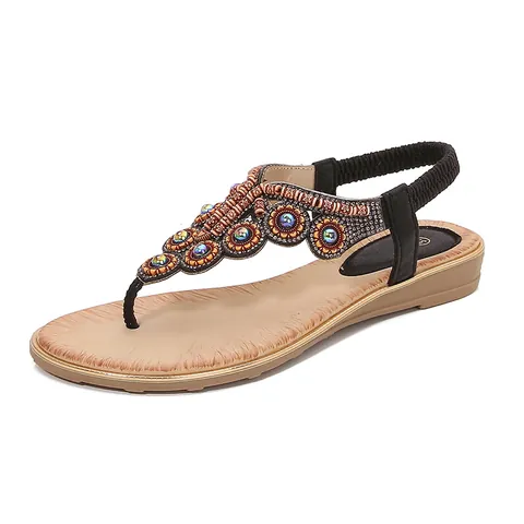 Women Bohemian Flat Rhinestone Sandals Beaded T-Strap Summer Beach Shoes Elastic Back Strap Comfort Casual Wedding Party Gold Silver Black