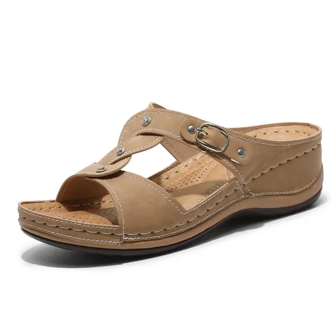 Women's Wedge Sandals Rhinestone Bohemian Style PU Leather Hollow Out Round Toe Platform Comfort Summer Slides Shoes