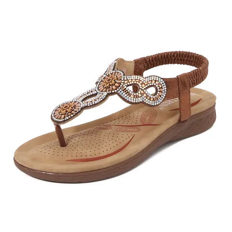 Women Bohemian Rhinestone Thong Sandals Elastic Back Strap Summer Casual Flat Beach Shoes With PU Upper TPR Sole