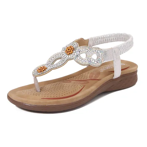 Women's Bohemian Rhinestone Flat Sandals Elastic Back Strap T-Strap Flip Flop Summer Beach Shoes Casual Beaded Jewel Sandals