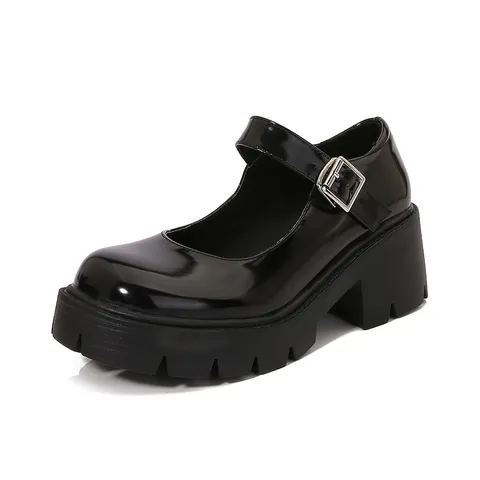 Women's Japanese JK Uniform Black PU Leather Platform Mary Jane Shoes Thick Sole High Heel Buckle Casual Shoes