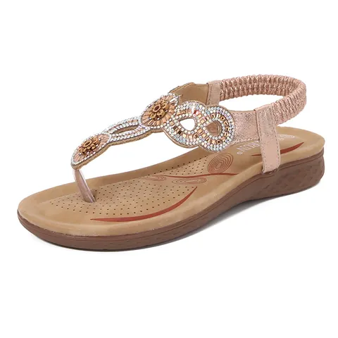 Women's Bohemian Rhinestone Flat Sandals Elastic Back Strap T-Strap Flip Flop Summer Beach Shoes Casual Beaded Jewel Sandals
