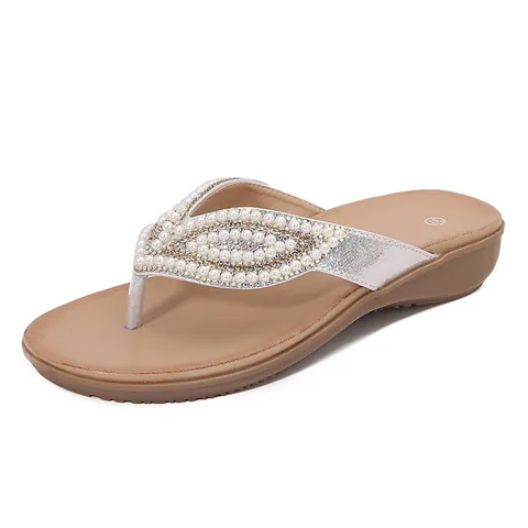 Bohemian Women Rhinestone Artificial Pearl Wedge Sandals PU Leather Round Toe Flip Flops Summer Beach Platform Shoes Casual Sandals