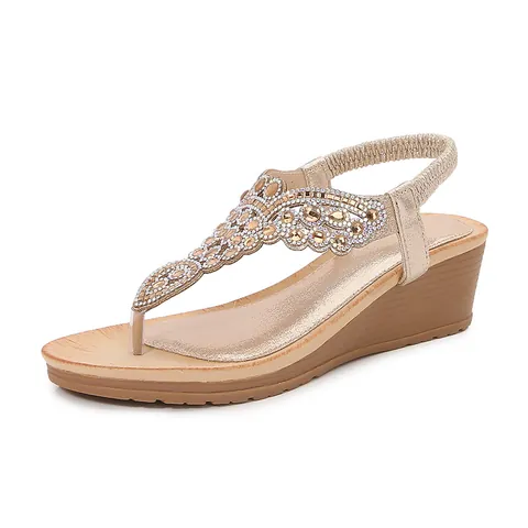 Sandales Compensées Bohèmes pour Femmes Strass Pailleté T-Strap Tongs Bride Élastique au Talon Chaussures d'Été de Plage
