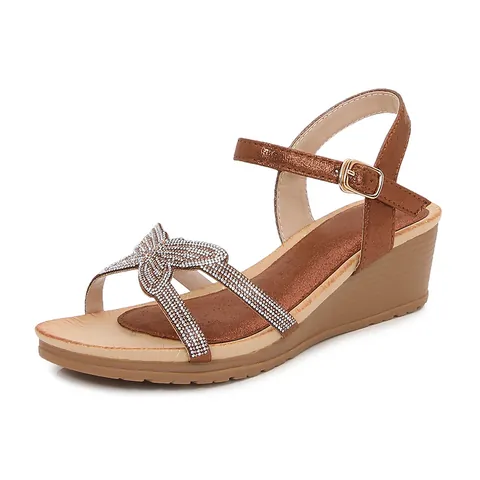Women's Bohemian Wedge Sandals Rhinestone Butterfly Bowknot Comfort Platform Summer Beach Party Dress Shoes For Ladies