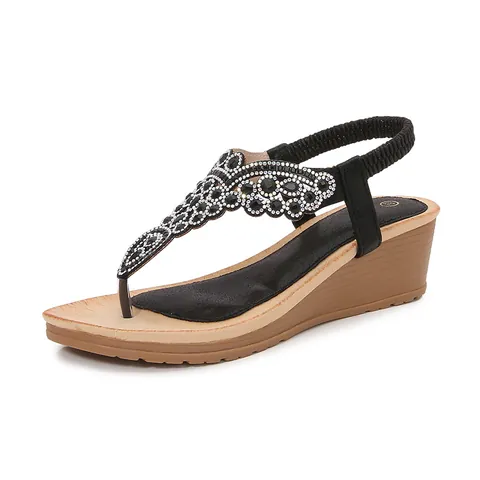 Sandales Compensées Bohèmes pour Femmes Strass Pailleté T-Strap Tongs Bride Élastique au Talon Chaussures d'Été de Plage