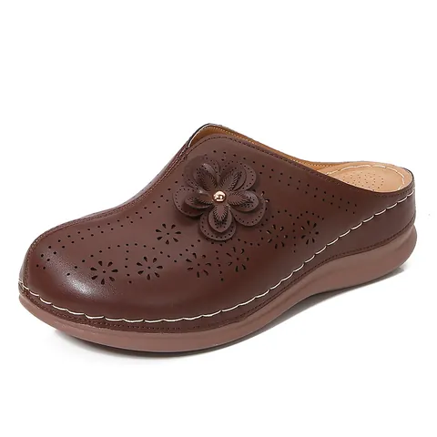 Women's Hollow Out Flower Wedge Sandals Mules Thick Sole Closed Toe Slippers PU Leather Casual Outdoor Comfort Shoes