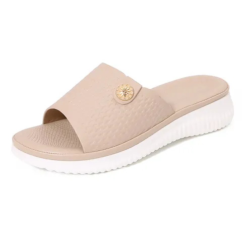 Women Bohemian Platform Slippers Diamond Lattice Polyurethane Leather Slides Metal Buckle Thick Sole Casual Beach Summer Shoes
