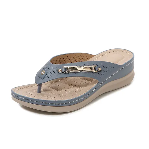 Women's Wedge Sandals Platform Flip Flops Summer Beach Shoes With Metal Chain Rhinestone Laser Cut Out PU Fashion Slippers